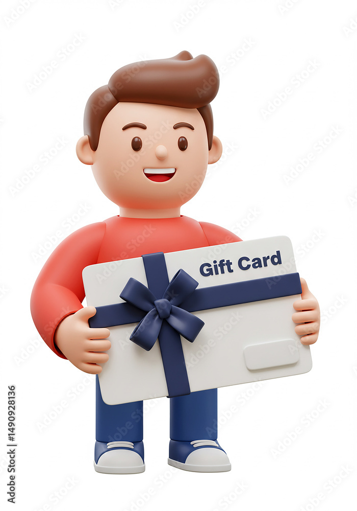 Smiling cartoon man holding a gift card with a blue ribbon. Concept of present, reward, bonus, and shopping. Smiling cartoon man holding a gift card with a blue ribbon. Concept of present, reward, bonus, and shopping.