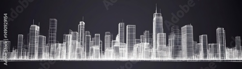 Abstract city skyline rendered in white lines.