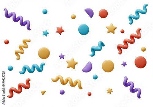 Colorful 3D rendered pattern of abstract shapes like circles, stars, and squiggly lines on a white background, perfect for celebration or party designs.