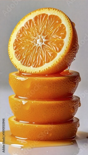 Orange slices stacked dripping with juice on a white background

