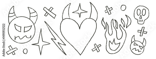 Bad feeling hand drawn set. Punk charcoal breaking heart doodle background. Scribble grunge shapes. Devil, fire and line sketch graffiti art. Vector sketchy illustration by pencil isolated on white bg