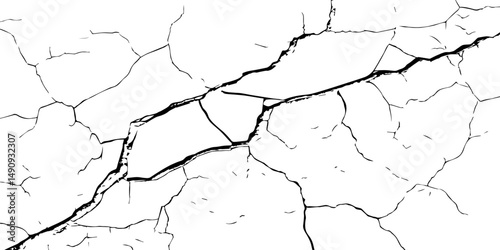 The cracks texture and grunge background of The ground cracks on white  background,  fissure. Dirty monochrome pattern vector,  black and white scratched texture, Vector. Illustration.