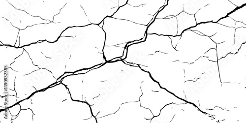 The cracks texture and grunge background of The ground cracks on white  background,  fissure. Dirty monochrome pattern vector,  black and white scratched texture, Vector. Illustration.