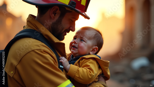 gentle captures tender moment volunteer firefighter cradling tearful baby amidst destruction conveying
