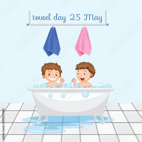 happy kids playing with bubbles in bathtub celebrating towel day on may 25, bathroom scene with wet floor and hanging towels, cheerful childhood moment, hygiene and cleanliness fun