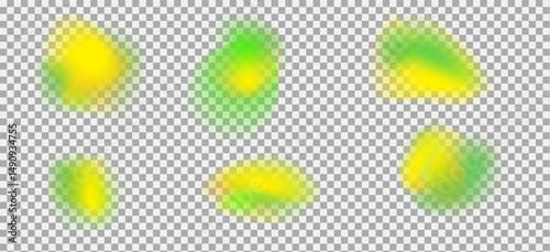 Irregular gradient blur shape. Vector organic liquid figure. Glow yellow and green blob with translucent form. Uneven y2k organic fluid spot. Abstract figure with gradation isolated on transparent bg.
