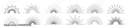 Vintage sunburst collection on a white background. The radial rays of the setting sun. A sunbeam with lines. Retro logo in the form of a semicircle with radial rays. Vector EPS 10.
