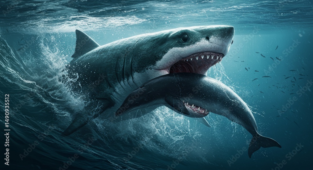 Obraz premium Dramatic underwater scene of a great white shark preying on a dolphin
