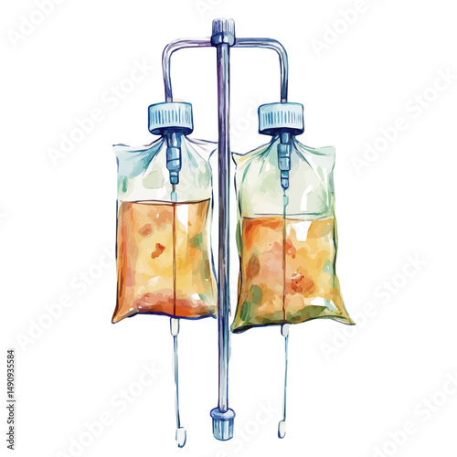 Medical IV Drip Stand With Bags Of Saline Solution, watercolor illustration vector, high quality, isolated on a white background.
