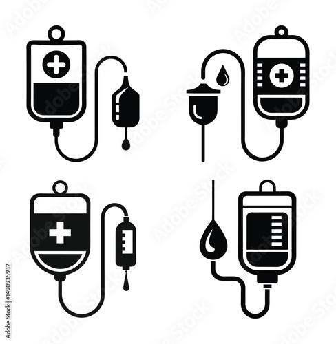 Blood Infusion Icon Set Medical Drip, IV Bag, and Transfusion Vector Symbols on White Background
