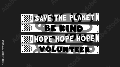 Vector mockup set of charity wristbands with messages like “save the planet,” “be kind,” “hope,” and “volunteer.” Playful cartoon-style designs kindness, and eco-friendly action.