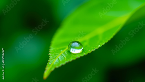A Single Dewdrop Resting on a Bright Green Leaf with Detailed Venation and Light Reflection