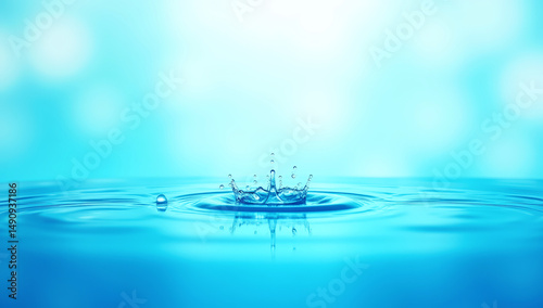 Macro Shot of a Water Drop Impact Creating a Crown Splash and Ripples on a Calm Blue Surface