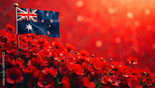 An Australian Flag Amidst Vibrant Red Poppies in a Sunlit Field with Soft Bokeh Background