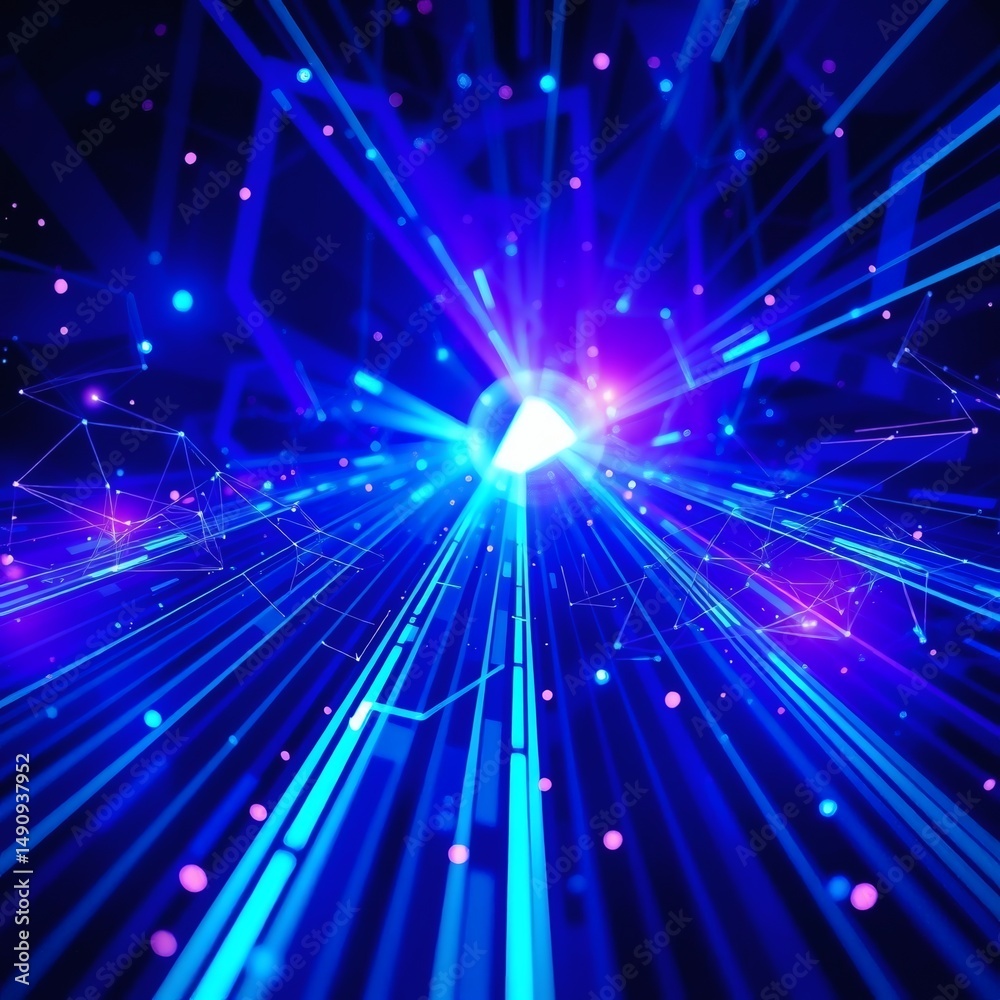 Fototapeta premium An abstract technology background features vibrant blue and purple geometric patterns, creating a dynamic and futuristic digital scene.