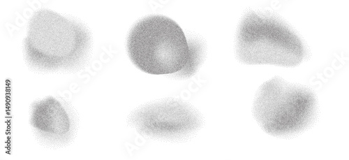 Dotwork abstract gritty spots set. Irregular stippling grunge textured figures isolated on transparent background. Charcoal liquid uneven organic and geometric brutalist forms. Vector illustration.