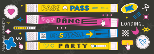 Groovy stickers shapes and hand bracelet tickets set. Music festival, party, concert wristbands, patches in retro rave style. Paper y2k show stamps and pixel art labels. Vector promo tags and badges.