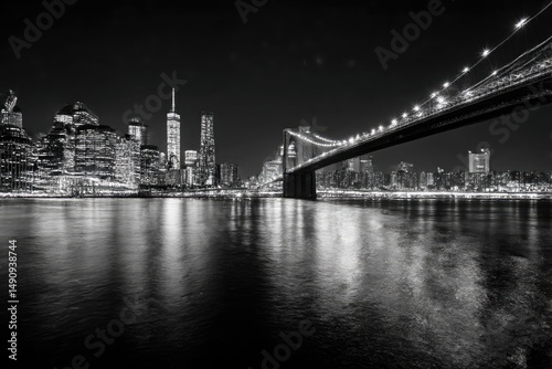 Monochrome Nightscape View of Illuminated New York City Skyline & Bridge