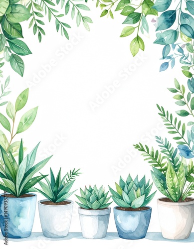 Minimalist Houseplants in Watercolor Pots with copy space in the middle – Top trend in home goods & prints