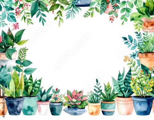 Minimalist Houseplants in Watercolor Pots with copy space in the middle – Top trend in home goods & prints