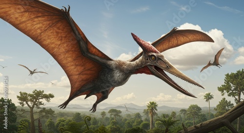 Magnificent pterodactyl soars gracefully above lush prehistoric jungle landscape during the age of dinosaurs