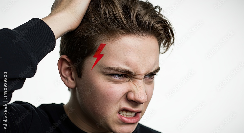 Fototapeta premium Young man with a red lightning bolt on his forehead displaying anger and frustration