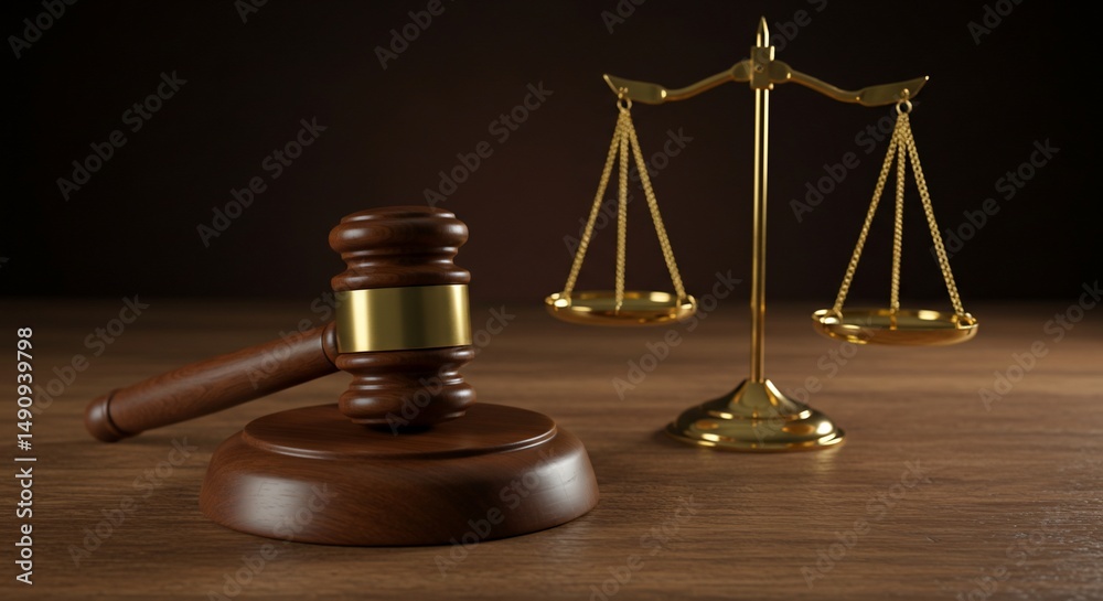 Wooden gavel and golden scales symbolize justice Wooden gavel and golden scales symbolize justice