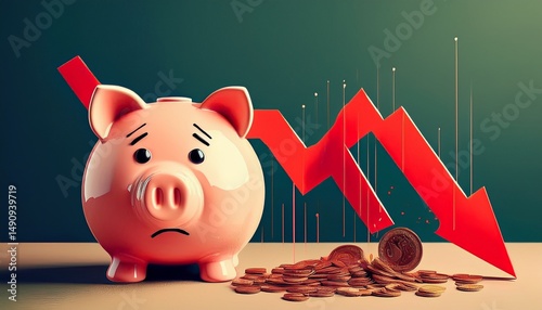 sad piggy bank and arrow down difficult economic situation expenditure of savings and financial reserves falling income economy lower wages falling gdp economic recession crisis capital flight