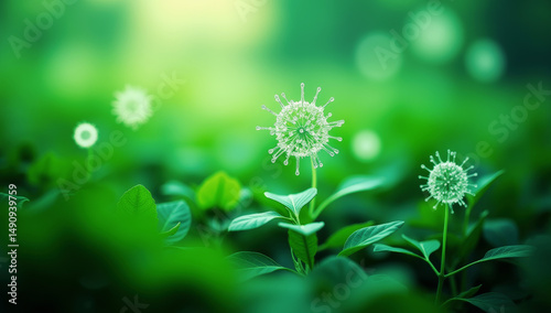 Macro View of Glowing Microscopic Organisms on Green Leaves with Soft Bokeh Background