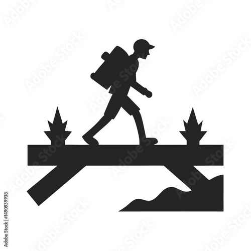 Hiker Crossing Log Bridge Silhouette