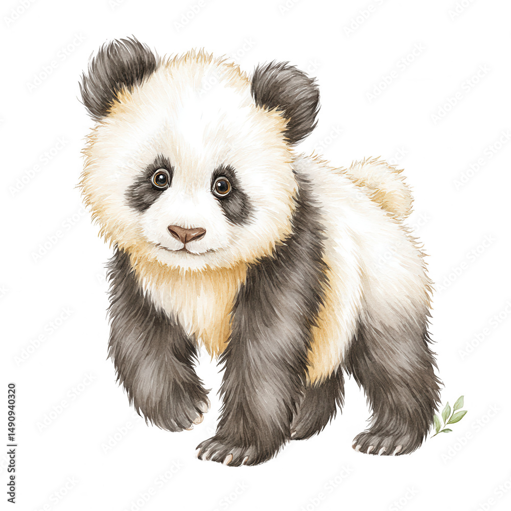 Fototapeta premium A cute baby panda with fluffy fur is walking gently on a white background.