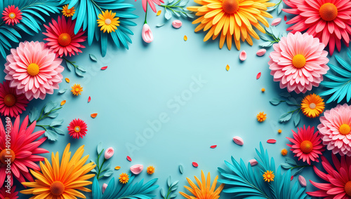 Vibrant Circular Frame of Multicolored Paper Flowers on a Light Blue Background