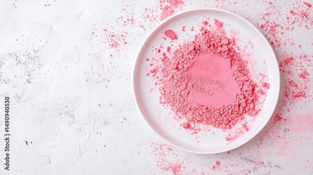 White plate with a pink powdery substance on it. the powder appears to be finely ground and has a smooth texture. White plate with a pink powdery substance on it. the powder appears to be finely ground and has a smooth texture.