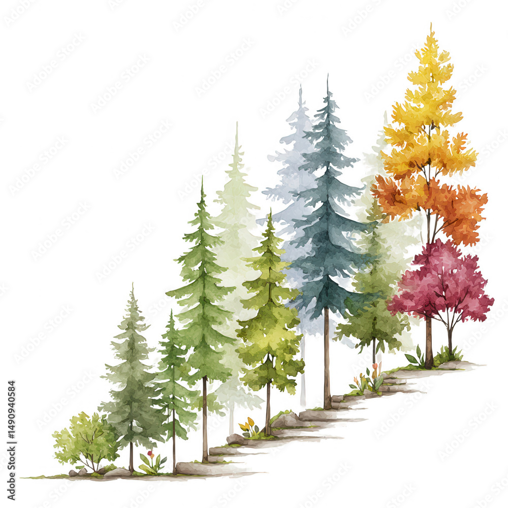 Fototapeta premium Watercolor illustration displays seasonal trees in a colorful nature scene.