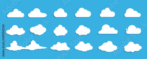 A set of icons of white fluffy clouds with a shadow on a blue background. Design elements for weather forecasting, book illustrations. Vector EPS 10.