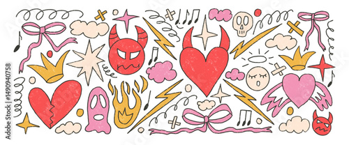 Devi, angel, ghost and doodle elements crayon drawn set. Punk girly background. Scribble grunge shapes. Heart, crown and sketch graffiti color art. Vector illustration by pencil.