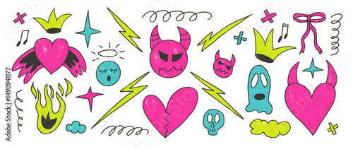 Y2k love quirky crayon doodles set. Devil and angels neon colors. Scribble grunge elements. Broken hearts, flame, clouds and sketch shapes. Vector illustration by pencil on white background.
