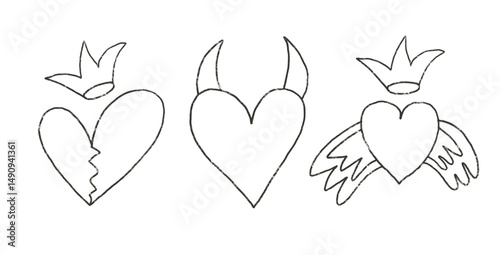 Hearts shapes hand drawn set. Punk charcoal breaking heart doodle background. Scribble grunge shapes. Love line sketch graffiti art. Vector sketchy illustration by pencil isolated on white bg.
