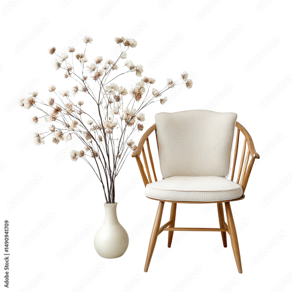 Fototapeta premium An elegant wooden chair sits near a vase of dried flowers on white background.