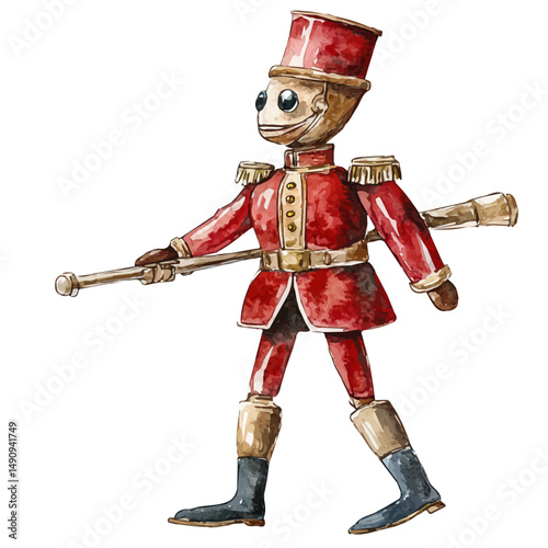 Mechanical Toy Soldier With Marching Legs, watercolor painting vector, high quality, isolated on a white background.