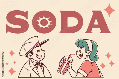 vintage Illustration in retro poster style featuring 1950s soda ads