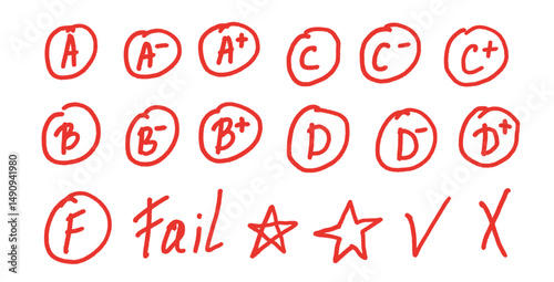 Exam letters grade marks doodle style set. School test results hand drawn sings. Teacher scores for homework. Vector handwritten scribble qualification rating and correction symbols isolated on white.