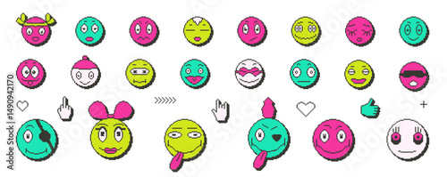 Pixel art game faces with smiles. 8 bit retro characters elements. Pixel 90s funny expression style. Vector laugh and happy y2k round stickers set illustration. Good feeling and expressions symbols..