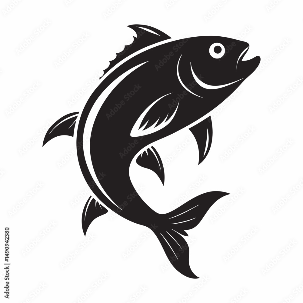 Fototapeta premium Fish jumping vector silhouette on white background