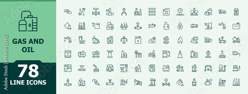 Gas and oil icon set. Contain linear symbols power, refinery, pump, gas, petroleum, oil and more. Petroleum icon set. Minimalist vector collections. Vector illustration in modern line style.
