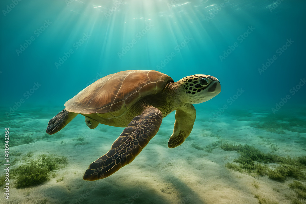 Obraz premium Sea Turtle Under Underwater Sunlight