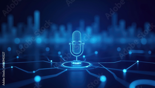 Digital Microphone Illustration with Glowing Blue Lines Representing Audio Network Connection