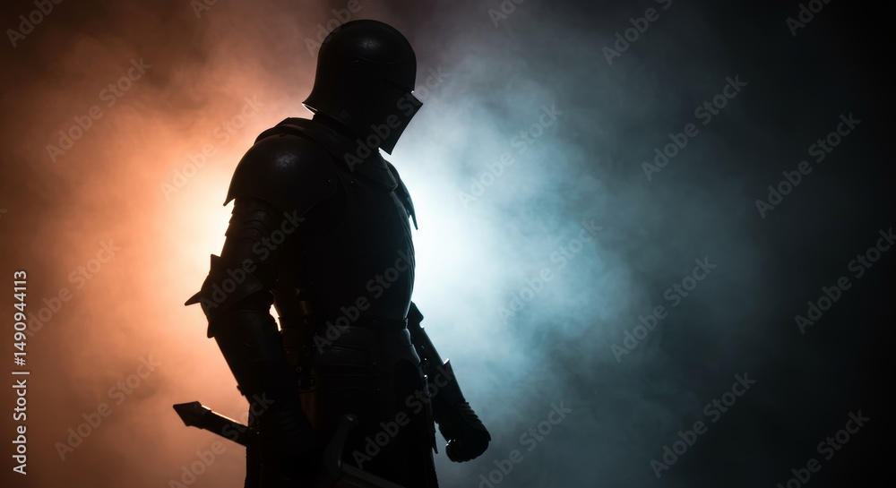 Fototapeta premium Mysterious Knight in Dark Armor Standing Silhouetted Against Smoky Backdrop