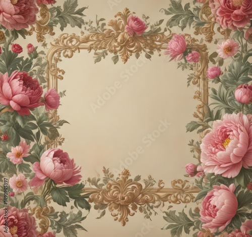 Wallpaper Mural Intricate vintage floral border; baroque style with scrolling leaves and stylized peonies & roses ,  vintage design,  rose Torontodigital.ca