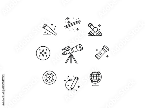 Astronomy icons set space exploration telescope stars universe